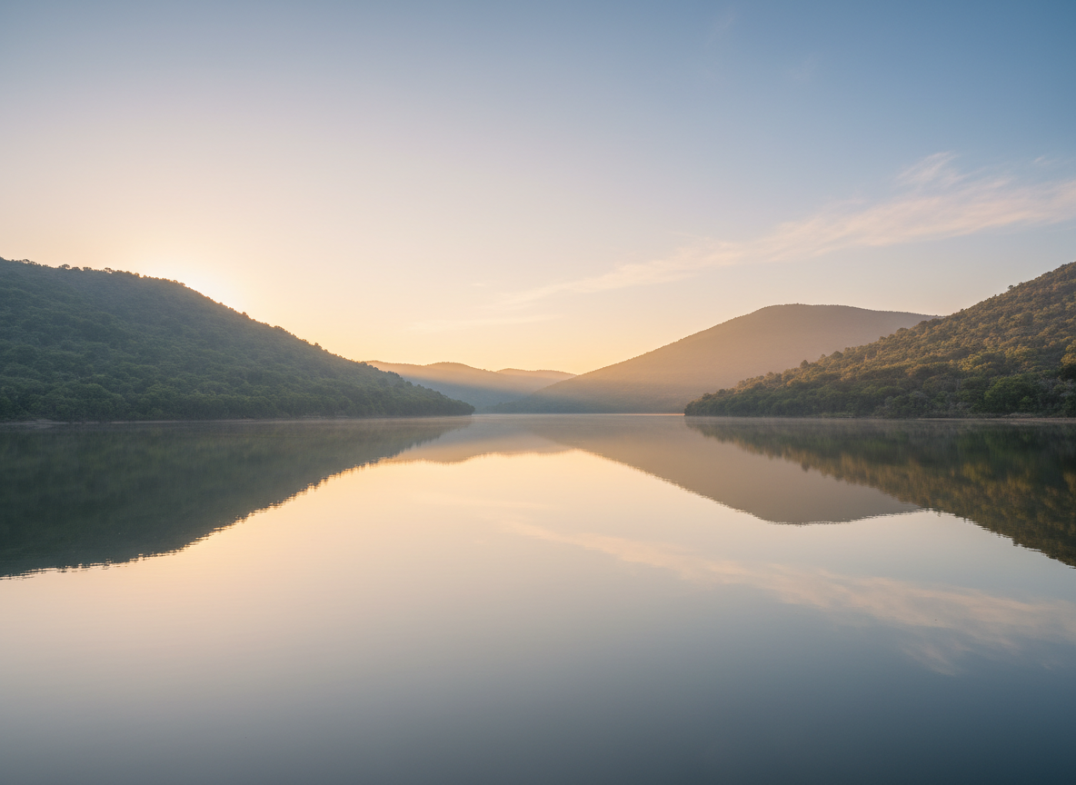 A simple, serene nature scene — soft morning light over a calm, still lake surrounded by gentle rolling hills. Muted greens, soft blues, and warm golden light. Minimal, peaceful, and grounding. No people, no buildings, no furniture, no office, no text.